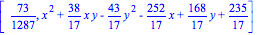 [73/1287, x^2+38/17*x*y-43/17*y^2-252/17*x+168/17*y+235/17]